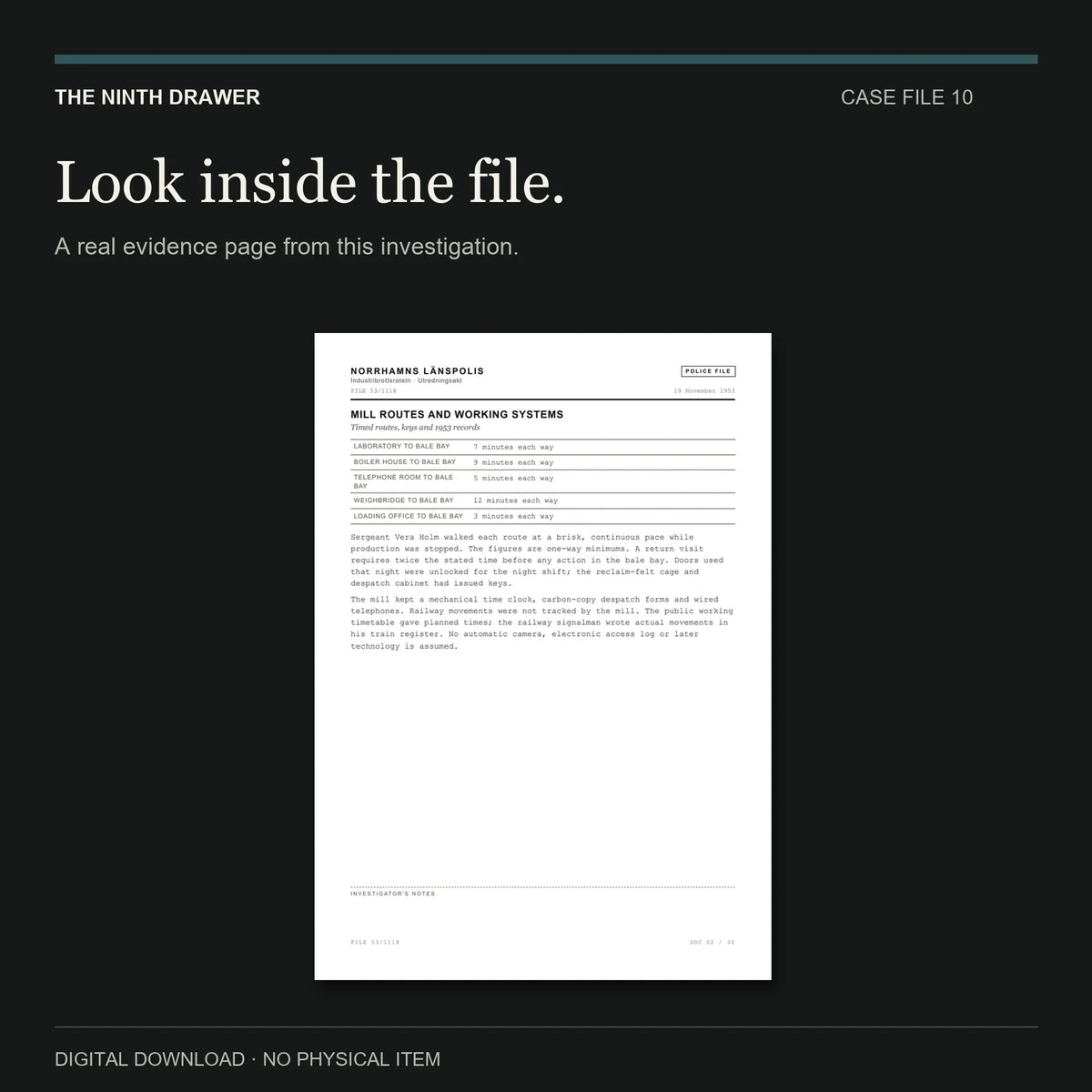 The Late Freight at Norrhamn — a real evidence page from the case file