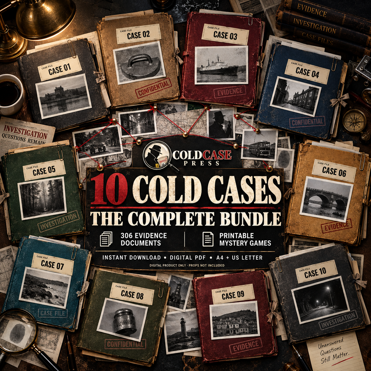 The Ninth Drawer complete bundle — top-down view of ten digital mystery case files